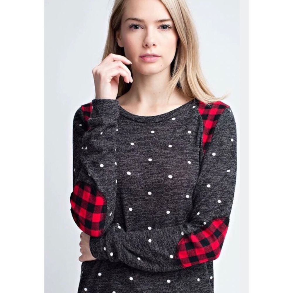 NEW 12PM by Mon Ami Polkadot & Buffalo Plaid Lightweight Sweater Top, S/M